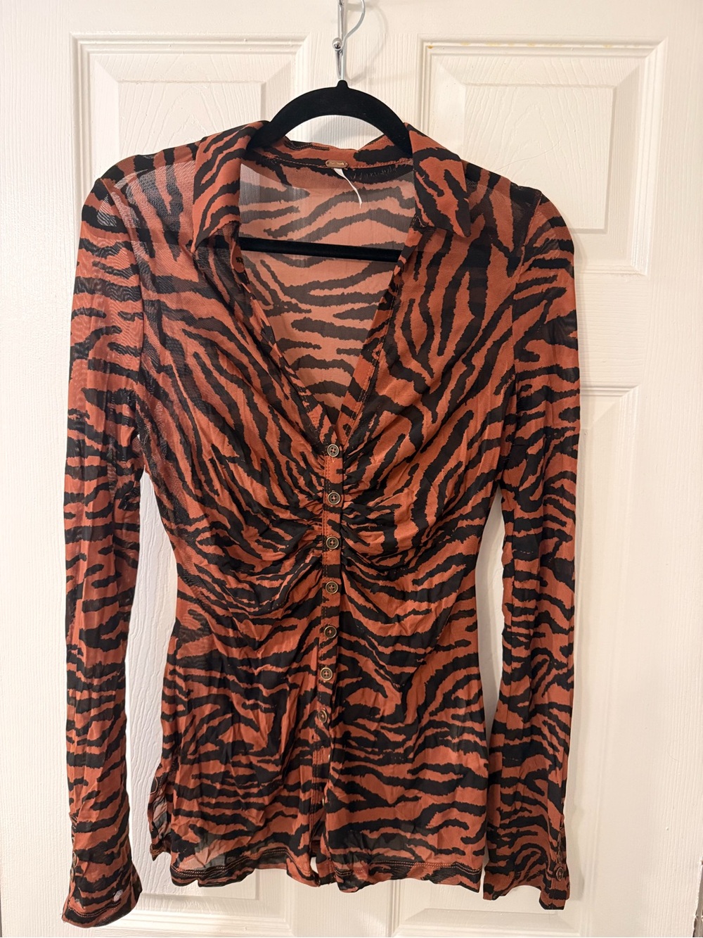 Free People Black & Rust Tiger-Stripe Sheer Top